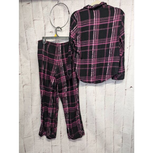 Victorias‎ Secret Shimmer Cotton Flannel Long Sleeve Pajama Set Black Pink Plaid - Picture 5 of 13